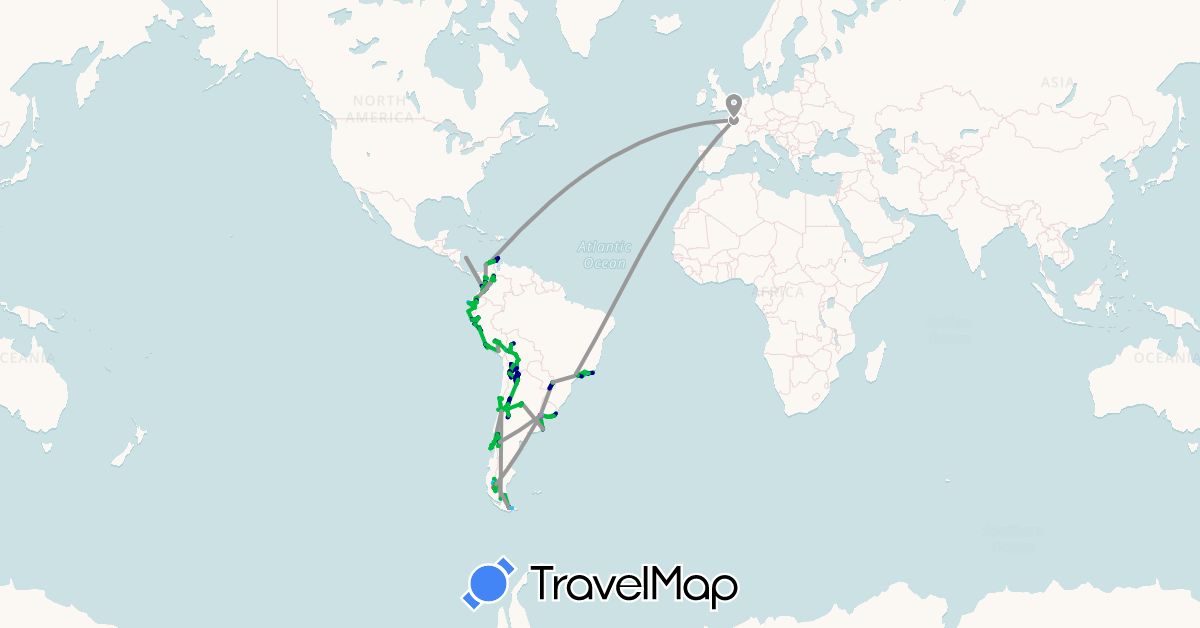 TravelMap itinerary: driving, bus, plane, cycling, train, hiking, boat, hitchhiking, motorbike, electric vehicle in Argentina, Bolivia, Brazil, Chile, Colombia, Ecuador, France, Peru, Uruguay (Europe, South America)